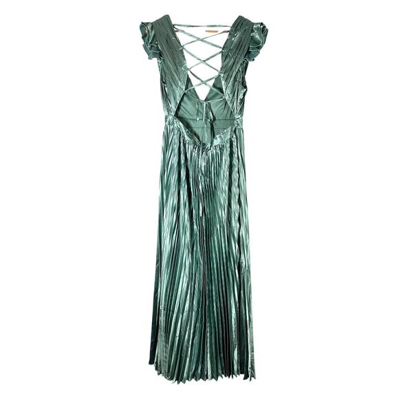 Lulus Exceptional Drama Sage Green Satin Lace-Up Pleated Maxi Dress - Picture 2 of 10